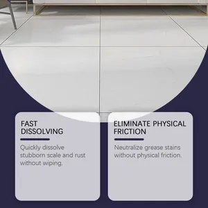 Effectiveness detail of stone cleaning powder on white marble tiles with English benefit text.