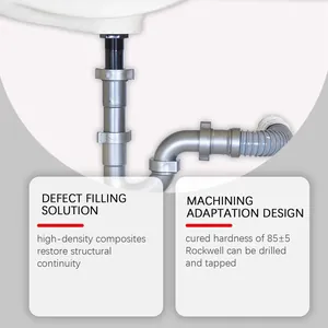 High-strength metal casting repair glue applied to a drain pipe with technical specs.