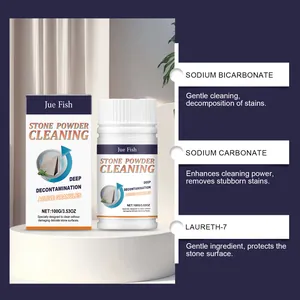 Jue Fish stone powder cleaning ingredients detail showing sodium bicarbonate and active granules