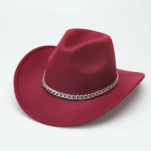 Classic burgundy wool felt western cowboy jazz hat featuring a silver chain band detail