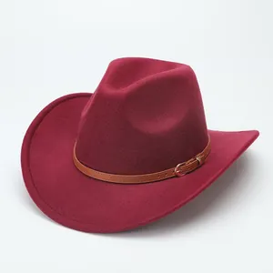 Classic burgundy wool felt western cowboy hat featuring a brown leather belt strap