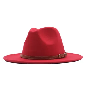 Classic red wool felt fedora hat for men and women with decorative brown leather belt