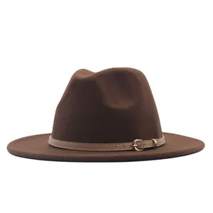 Classic brown wool fedora hat with a light brown belt buckle detail for a vintage look.
