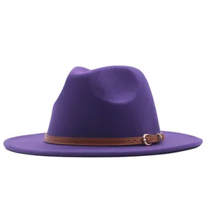 Classic purple wool fedora hat with brown leather belt buckle for men and women