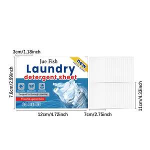 Dimensions of Jue Fish laundry detergent sheets showing box and sheet size details