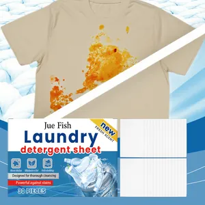 Detail view of Jue Fish laundry detergent sheets packaging and individual white sheets
