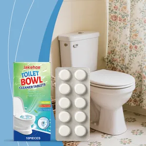 Close-up of 10pcs cleaning tablets blister pack with bathroom toilet background