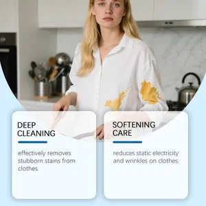 Detail showing laundry detergent sheets for deep stain removal and softening care.