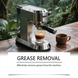 Reinigungsprozess einer Espressomaschine mit Entfettungstabletten für den Hausgebrauch.