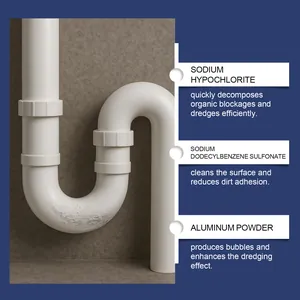Detailed diagram of drain cleaner ingredients showing sodium hypochlorite and aluminum powder