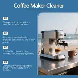 Infografik für Kaffeemaschinen-Reinigungstabletten mit Entkalkungsvorteilen und Szene.