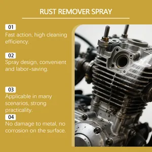 Macro view of rust remover spray being applied to metal engine parts for cleaning.