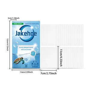 Detailed dimensions of Jakehoe laundry detergent sheets and packaging in cm and inches