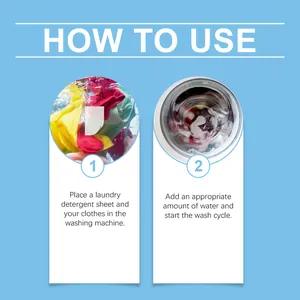 Instructional guide showing how to use laundry detergent sheets in two simple steps