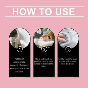 Instructions visuelles en trois étapes sur l'utilisation du nettoyant chaussures