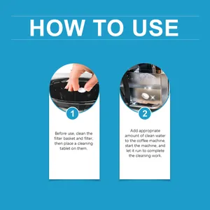 Instructional guide showing how to use coffee machine cleaning tablets in two steps