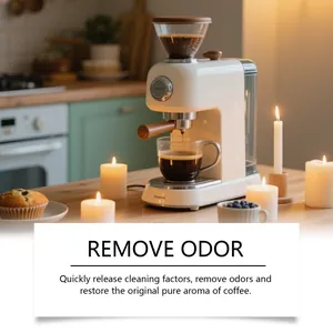 White vintage espresso machine with coffee cup illustrating the odor removal effect
