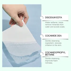 Detail of laundry detergent sheet ingredients showing gentle cleaning formulas