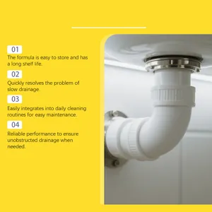 Detail showing clean P-trap drain pipe and benefits of powerful sink clog remover powder