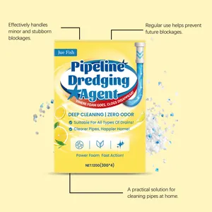 Detailed view of Jue Fish pipeline dredging agent showing packaging and powder foam effects