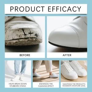 Comparaison avant et après du nettoyant mousse pour chaussures blanches montrant l'efficacité.