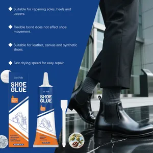 Vue rapprochée du tube de colle à chaussures Jue Fish avec son outil d'application dédié