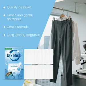 Close-up of JAKEHOE ultra-concentrated laundry detergent sheets for gentle fabric care