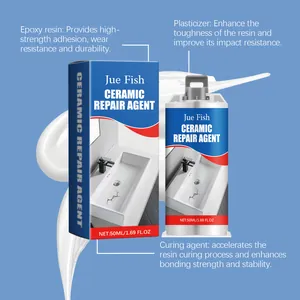 Detail of Jue Fish ceramic repair agent showing epoxy resin and curing agent ingredients