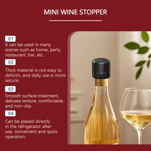 Gedetailleerd overzicht van een zwarte mini-wijnstop op een fles met de belangrijkste functies