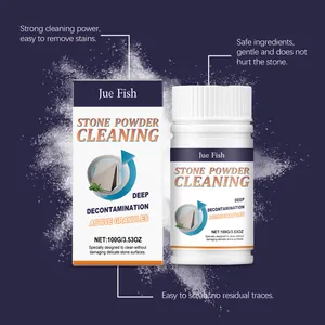 Jue Fish stone cleaning powder for stains, rust, and water scale removal in 100g bottle.