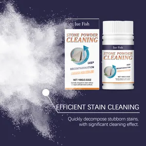 Close-up of stone cleaning powder bottle and box with efficient stain removal splash