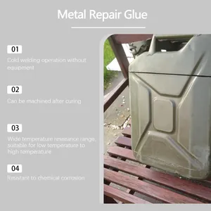 Application detail of metal repair glue on a fuel canister showing high durability and bond