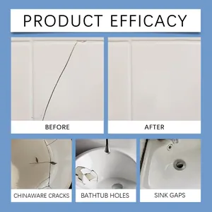 Comparison shots showing tile repair adhesive efficacy on cracks and holes