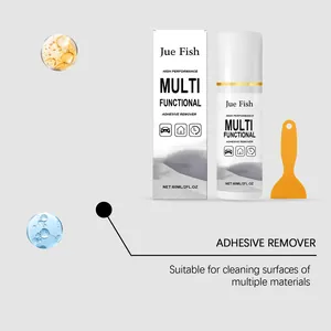Jue Fish multi-purpose adhesive remover set with bottle, box, and yellow scraper tool.