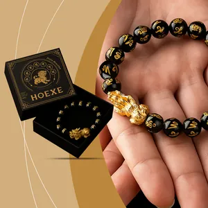HOEXE Pixiu Armband Herren Damen Legierung Harz Schwarz Gold Mantra Perlen Feng Shui Reichtum Glücksarmband Mit Geschenkbox