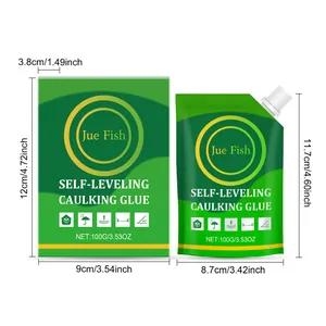 Dimensions of Jue Fish self-leveling floor caulking glue in 100g box and pouch packaging