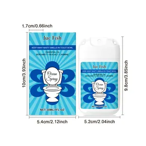 Gedetailleerde afmetingen voor Jue Fish 30ml draagbare toiletspray en verpakkingsdoos
