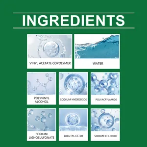 Detailed view of chemical ingredients list for floor repair adhesive with molecular icons.