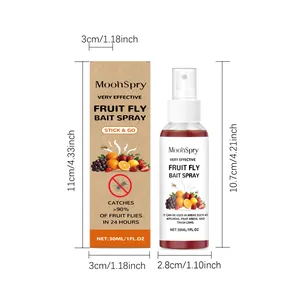 Gedetailleerde afmetingen van MoonSpry 30ml fruitvlieglokaas sprayfles en de doos