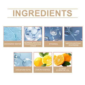 Ingredientes del limpiador de suelos con agua desionizada, etanol y aceite de cítricos