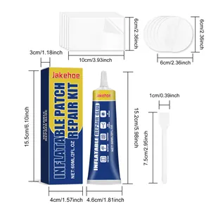 Detailed dimensions of JAKEHOE inflatable repair kit with waterproof glue and patches.