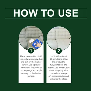 Detailed step-by-step instructions for using leather cleaning and care cream on a sofa.
