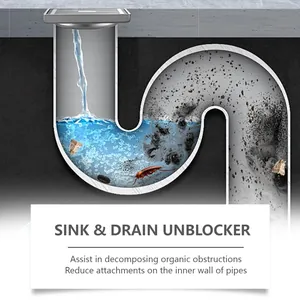 Detail view of drain unblocker powder cleaning organic waste in a pipe trap