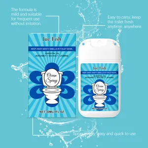 Detail van Jue Fish draagbare toilet spray fles en verpakking met Ocean Spray geur