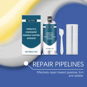 Close-up detail of Jue Fish casting adhesive with applicator for metal pipe repair