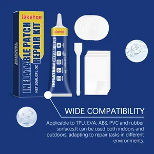 Detailed view of inflatable repair kit contents including 60ml glue and patch set
