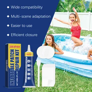 Detail showing Jakehoe inflatable repair glue kit with patches and application tool