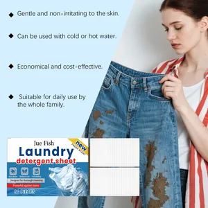 JUE FISH Laundry Detergent Sheets packaging detail with cleaning demonstration on jeans
