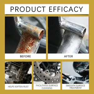 Effectiveness of metal rust removal spray shown in before and after cleaning comparison.