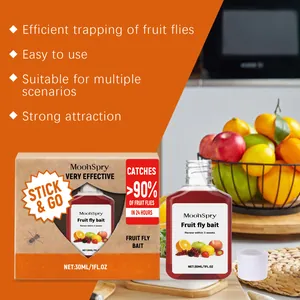 Gedetailleerd overzicht van MoonSpry 30ml fruitvlieglokaas fles en verpakking in keuken